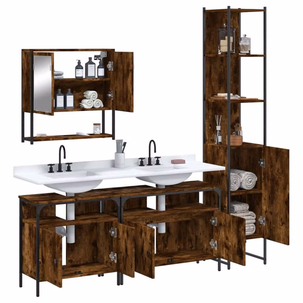 Berkfield Home 4 Piece Industrial Bathroom Furniture Set in Brown Smoked Oak – 2