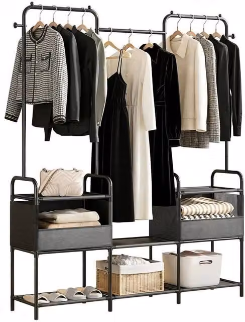 FORGEVIO Black Metal Clothes Rail with Hanging Rail and Shoe Rack, Width: 50 cm – 1