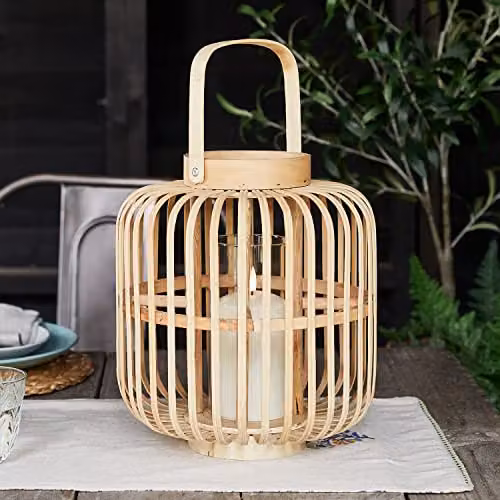 Lights4fun Brown Bamboo and Wood Square Tabletop Lantern with Pillar Candle H 31 cm x W 28 cm x D 28 cm – 2
