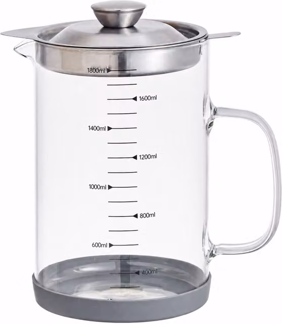 Eden & Willow Glass Measuring Jug with Oil Strainer and Steel Lid, 1.8 l, Transparent