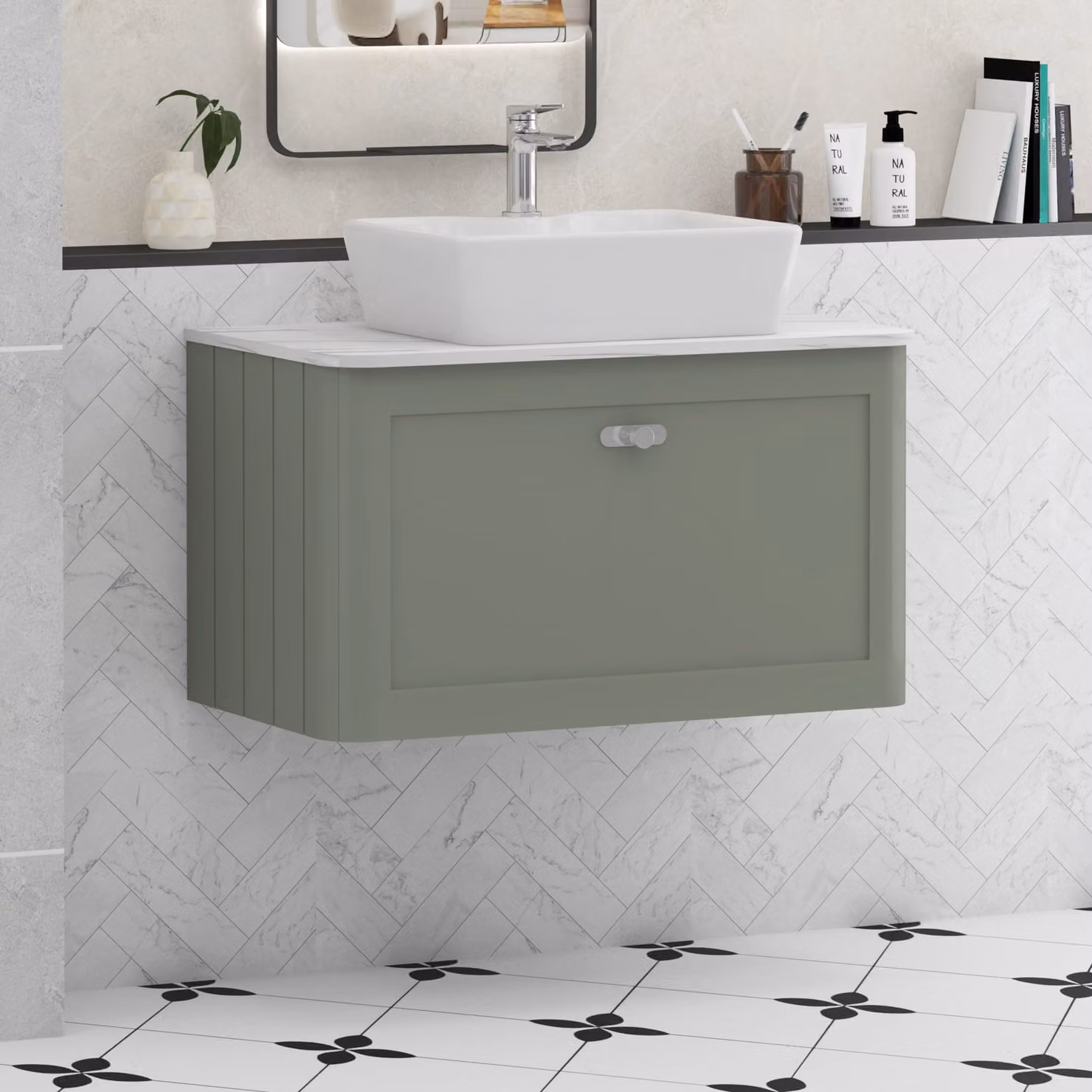 Royal Bathrooms Henley 800mm Sage Green Wall Hung Vanity Unit with 1 Drawer and Carrara White Worktop