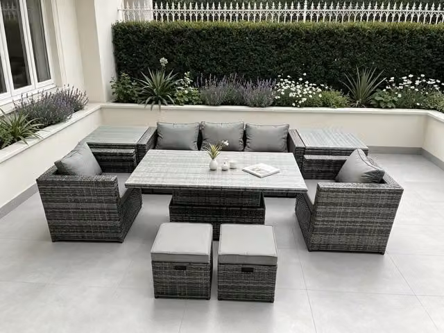 Fimous Rattan Garden Furniture Set in Dark Grey with Adjustable Rising Lifting Dining Table, Sofa, Chairs, 2 Side Coffee Tables and 2 Stools