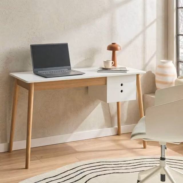 Wyld and Coco White Writing Desk with Pine Accents, W/D/H: 120 x 50 x 75 cm