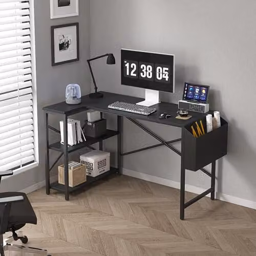 MCC Direct Lotus L-Shaped Corner Computer Desk with Adjustable Shelves, Black, W: 100 cm – 2