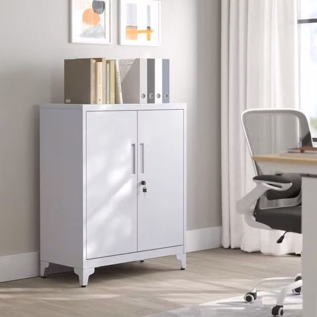 The Bazaarist Steel Storage Cabinet with Lock and Adjustable Shelves in Grey and White
