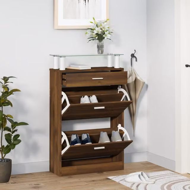 Berkfield Home Brown Shoe Cabinet with Tilting Compartments and Drawers, W: 63 cm, D: 24 cm, H: 104 cm – 1