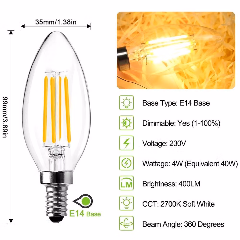 VOGREX 10-Pack 4W Warm White LED Candle Filament Bulbs for Chandeliers and Candelabras in Clear Glass – 2