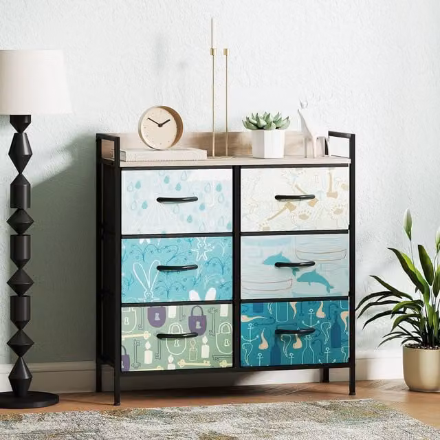 HOMCOM 6-Drawer Chest of Drawers in Blue with Abstract Fabric Design