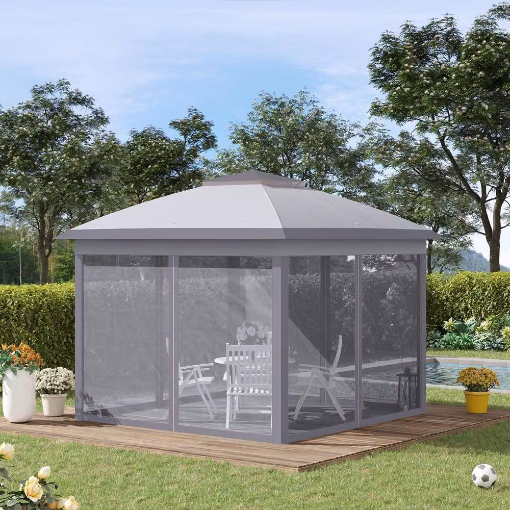 Rolipo Grey Pop Up Gazebo with Double Roof and Mesh Sidewalls, W: 330 cm, D: 330 cm, H: 288 cm – 2