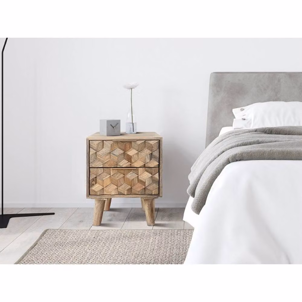 Jaipur Furniture Ltd Geometric 2 Drawer Bedside Table in Mango Wood, Brown, W: 40 cm, D: 40 cm, H: 50 cm – 5