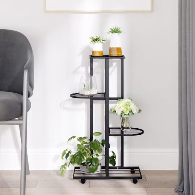 Berkfield Home 4-Floor Metal Flower Stand with Wheels in Black, W/D/H: 44 x 23 x 80 cm