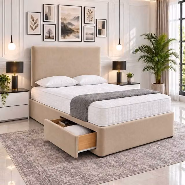 Velmora Upholstered Fabric Divan Bed with Storage Drawers and Headboard in Beige