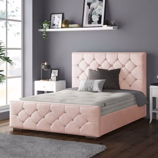 IH Design Belle Chesterfield Upholstered Velvet Bed Frame in Pink, W/D/H: 140 x 200 cm