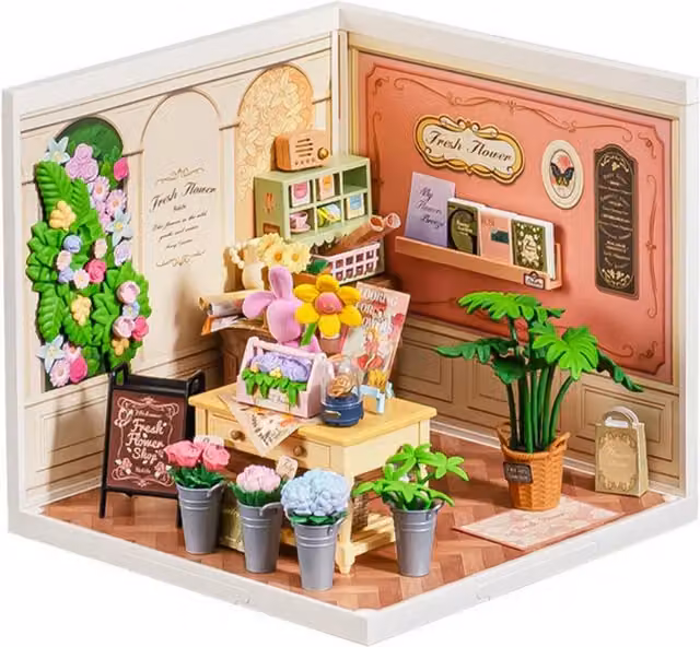 Rolife Fresh Flower Shop 3D Puzzle Dollhouse Building Block Set in Pink, Orange and Multicolour