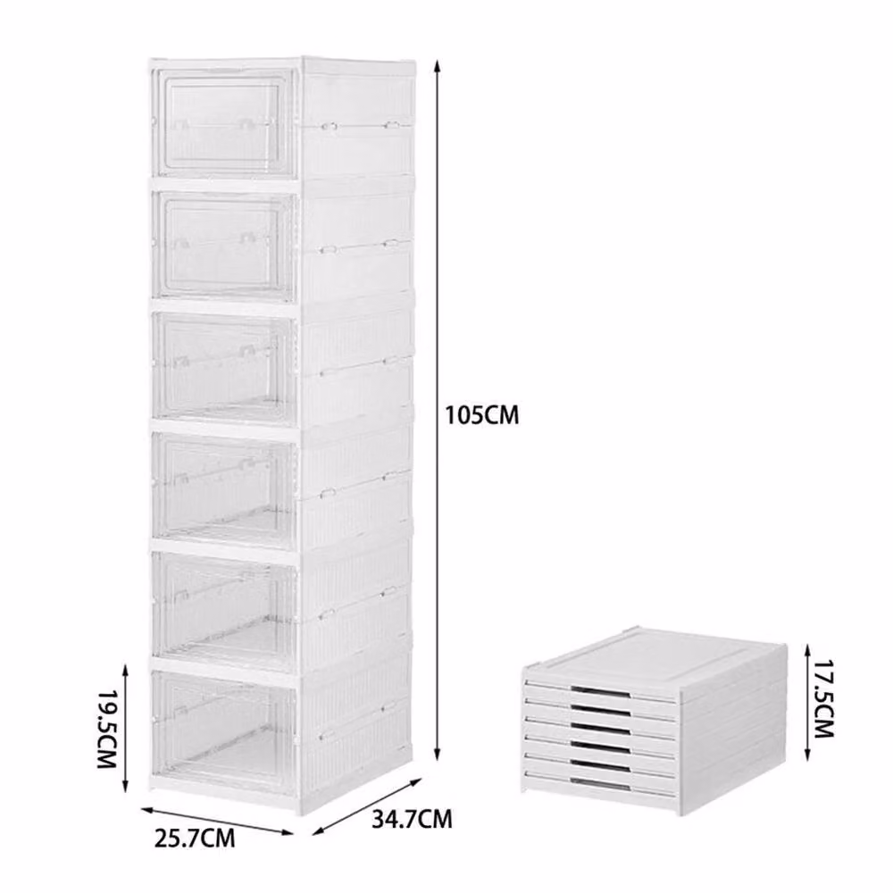KORVIXA 3-Tier Stackable Folding Shoe Storage Box in White and Transparent, W/D/H: 34.7 x 25.7 x 54 cm – 2