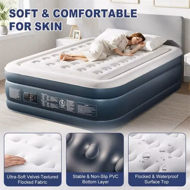 EONLION Grey Double Inflatable Air Bed Mattress W: 152 cm, L: 203 cm, H: 45 cm