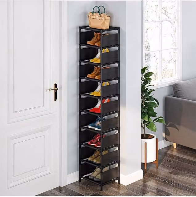 Living and Home 10-Tier Freestanding Metal and Fabric Shoe Rack in Black
