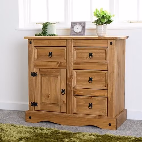 Seconique Corona 1 Door 4 Drawer Sideboard in Rustic Waxed Pine, Brown, W/D/H: 83.5 x 44 cm x 91.5 cm – 1