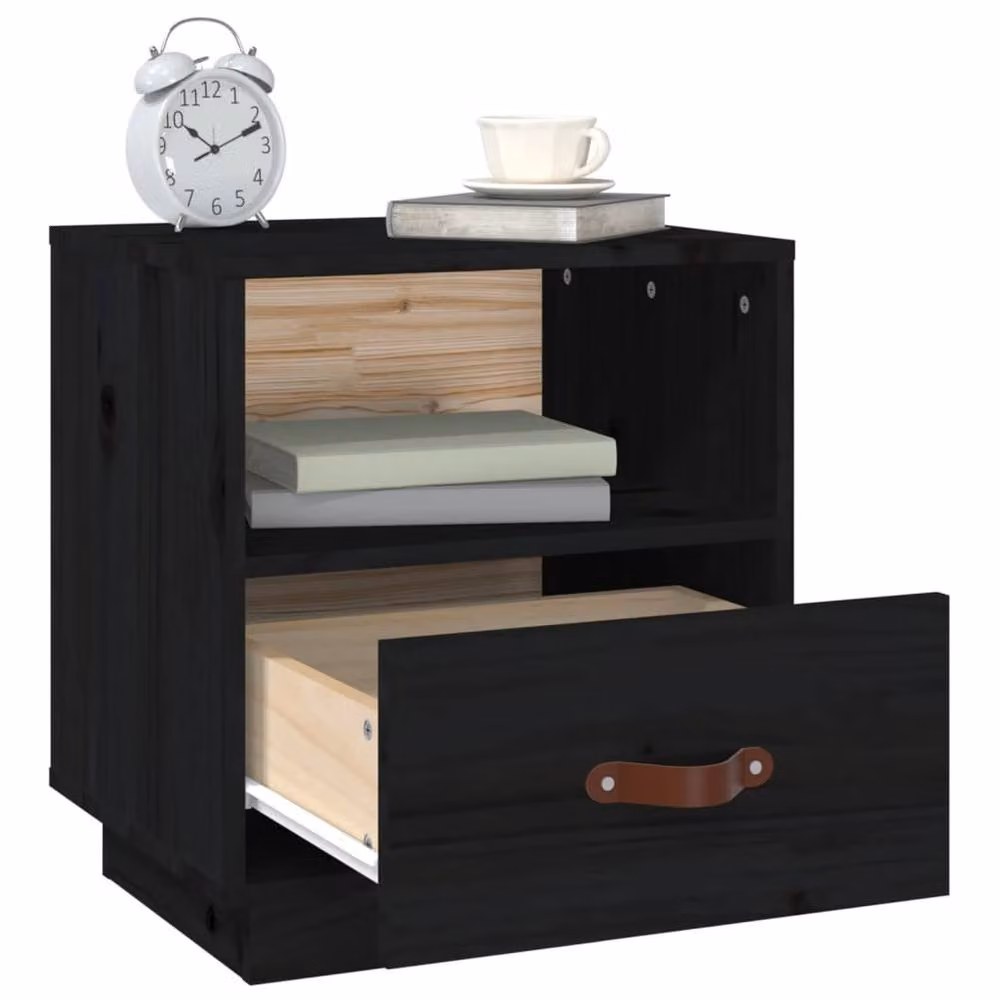 Berkfield Home Beautiful Black Solid Wood Pine Bedside Cabinet W: 40 cm, D: 34 cm, H: 45 cm – 4