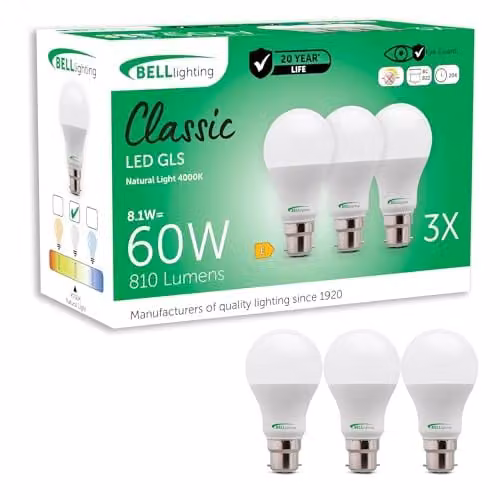 BELL Lighting B22 Bayonet LED Globe Bulbs, 8.1W, 810lm, White, Pack of 3 – 1