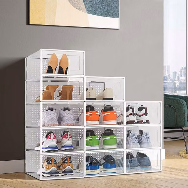 Livingandhome Set of 12 Stackable Transparent White Plastic Shoe Organisers
