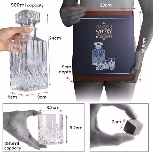 Kimm and Miller Whisky Gift Set with 900ml Geometric Glass Decanter, Glasses and Whisky Stones in Clear – 8