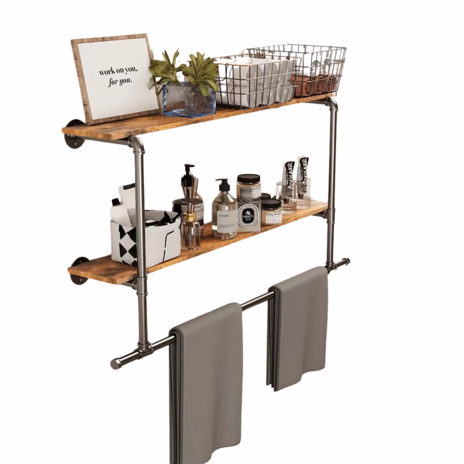 Pirlo Plush Industrial Heavy Duty Pipe Wall-Mounted Floating Shelves with Hanging Rail in Brown and Black – 2