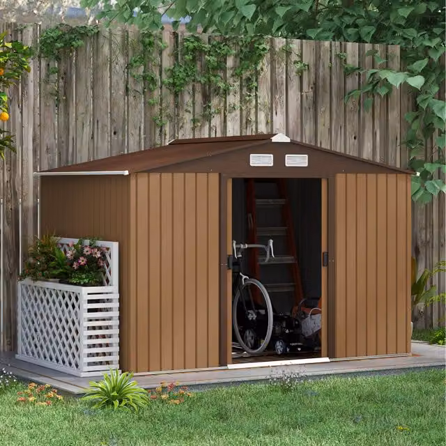 Outsunny Metal Garden Storage Shed with Double Doors, Light Brown
