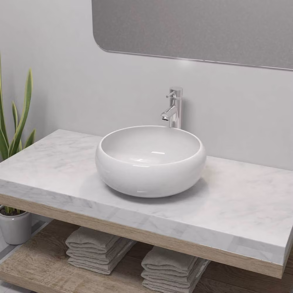 Berkfield Home Round Ceramic Bathroom Basin with Single Lever Chrome Mixer Tap in White – 2