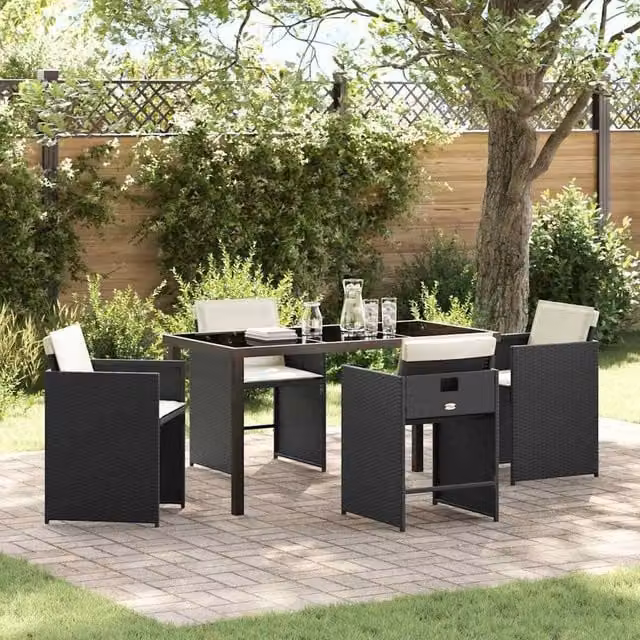 Berkfield Home 5-Piece Modern Garden Dining Set in Black Poly Rattan with Glass Top