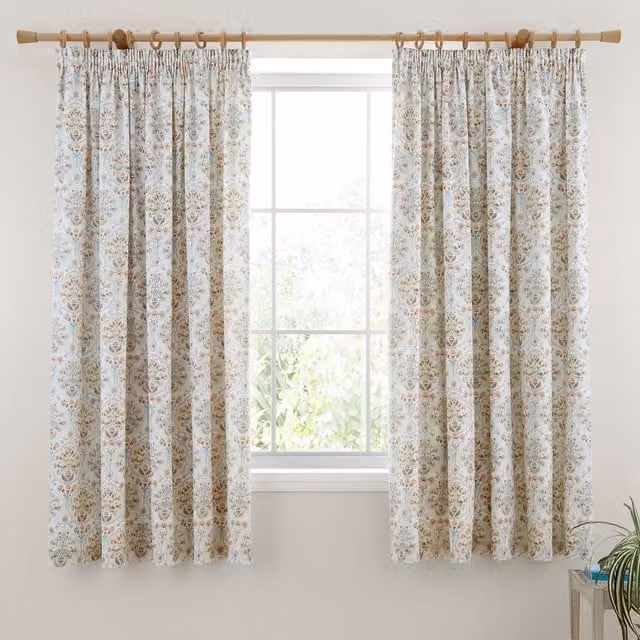 Dreams & Drapes Edena Decorative Floral Pencil Pleat Curtains, Petrol, Gold and Multicolour, W: 167.64 cm, D: 182.88 cm