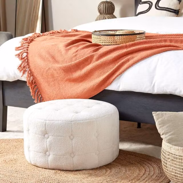 Wyld and Coco White Bouclé Round Cylindrical Pouffe – 1