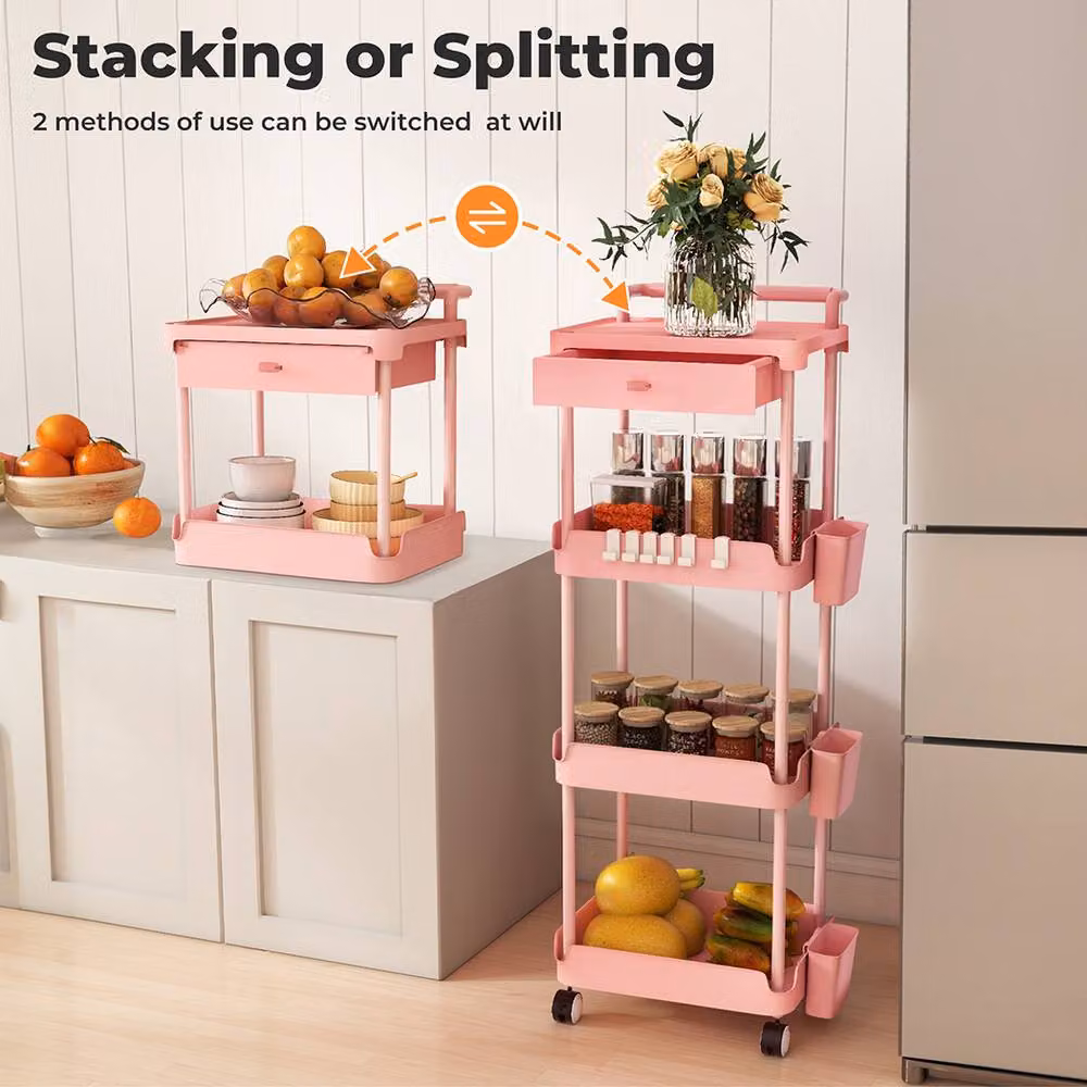 Levede Rolling Kitchen Cart Portable Serving Trolley and Storage Rack in Pink – 2