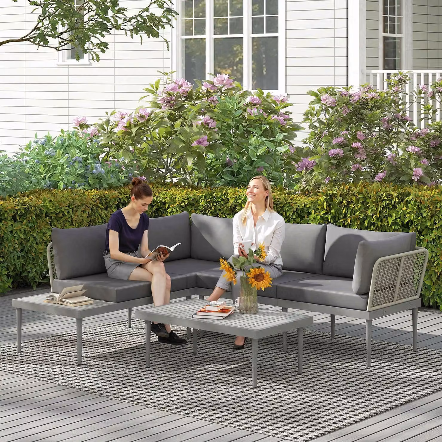 Outsunny Three-Piece L-Shaped Rattan Sofa Set with Upholstered Cushions and Coffee Table in Grey – 2
