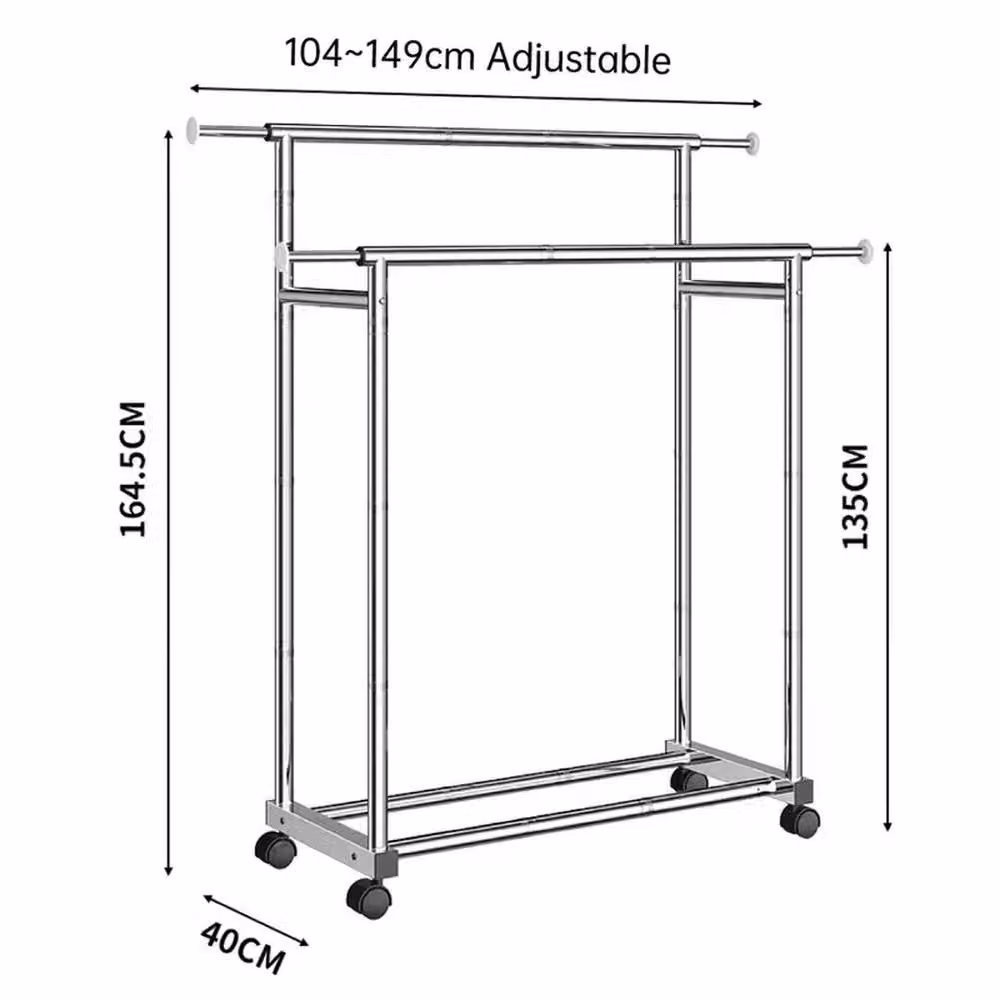 NESTLUNE Heavy Duty Double Metal Clothes Rail Hanging Rack in Silver, H 164.5 x W 149 cm x D 42.1 cm – 2
