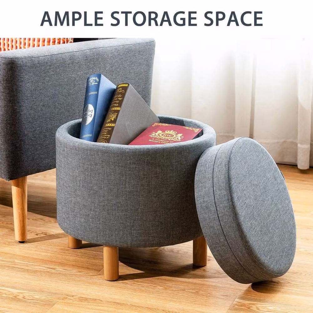 Kelvenix Round Grey Fabric Storage Ottoman with Wood Frame – 3