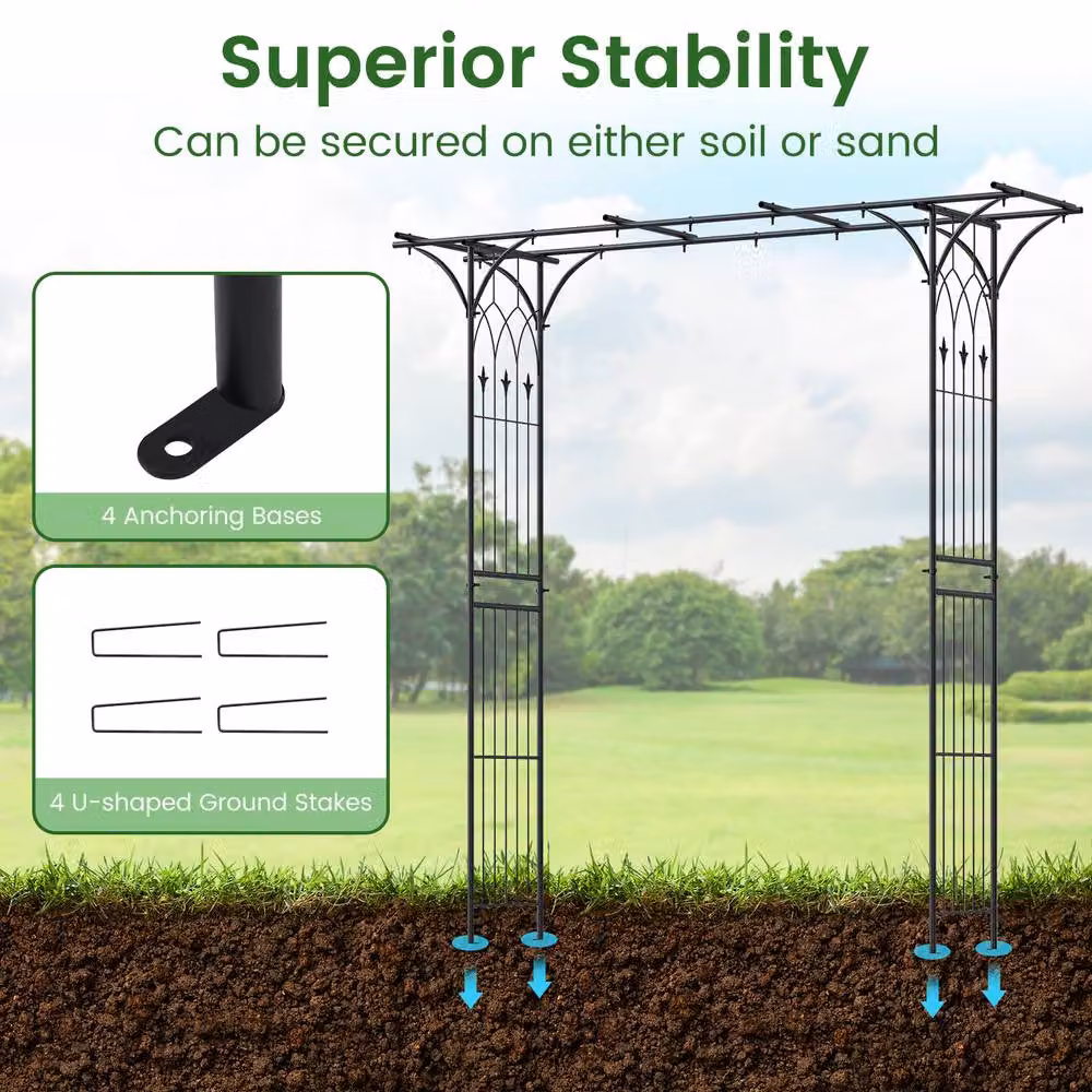 Gymax Metal Garden Arbor with Flat Top and Extended Roof in Black – 4