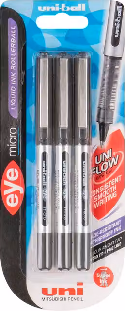 Uniball Eye Micro UB-150 Rollerball Pens in Black, Pack of Three