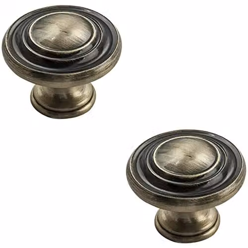 Loops 2 Pack Round Ringed Pattern Door Knobs in Antique Burnished Brass, Diameter: 32 mm
