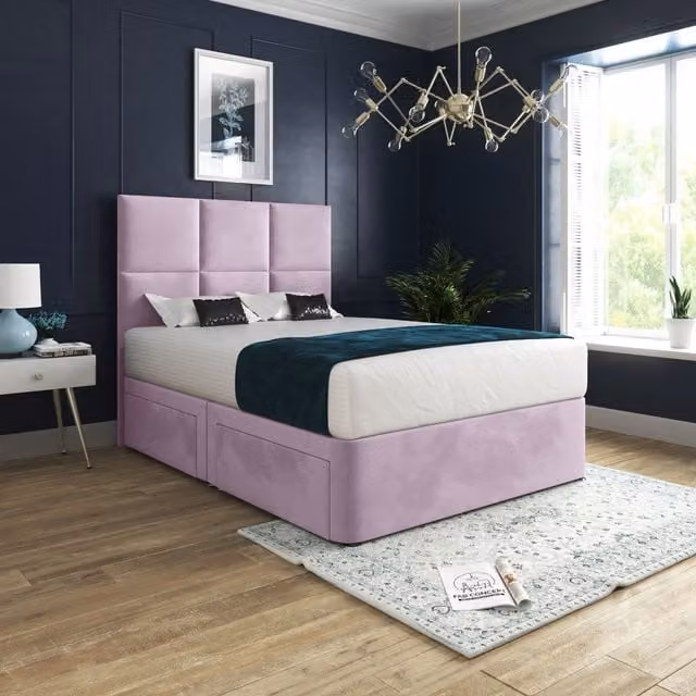 Casani Caprio Modern Pink Velvet Upholstered Floorstanding Headboard and Divan Bed Frame with Drawers, W/D/H: 120 x 200 cm