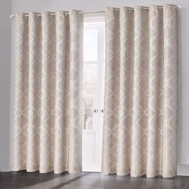 Velosso Modern Graphic Jacquard Curtain Pair in Beige and Yellow with Eyelets
