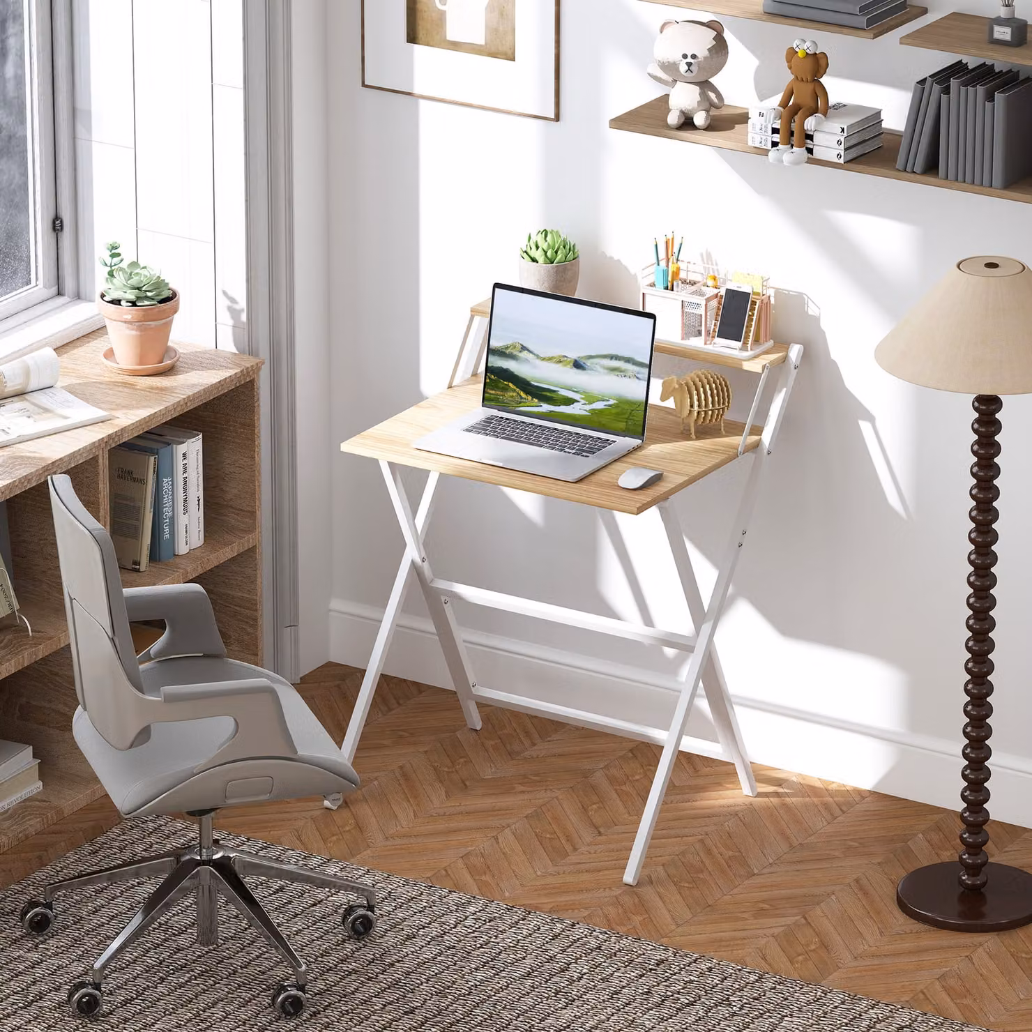 HOMCOM Folding Computer Desk with Monitor Shelf in Brown and White, 70 cm Width – 2