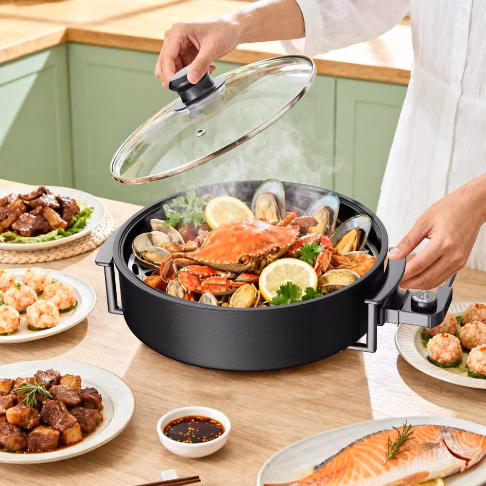 FORGEVIO 8L Electric Wok with Glass Lid, 1500W Non-Stick, Black – 2
