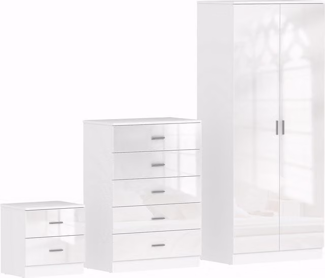HOMCOM High Gloss 3 Piece Modern Bedroom Furniture Set in White, including Wardrobe, Chest of Drawers and Bedside Table