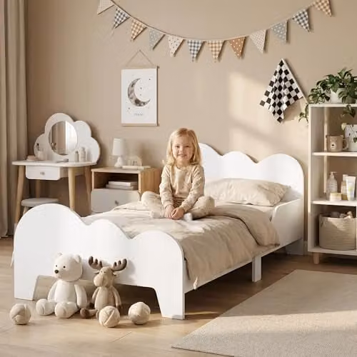 AIYAPLAY Cloud-Themed Toddler Bed Frame for Children, White, W/D/H: 140 x 70 x 74.5 cm