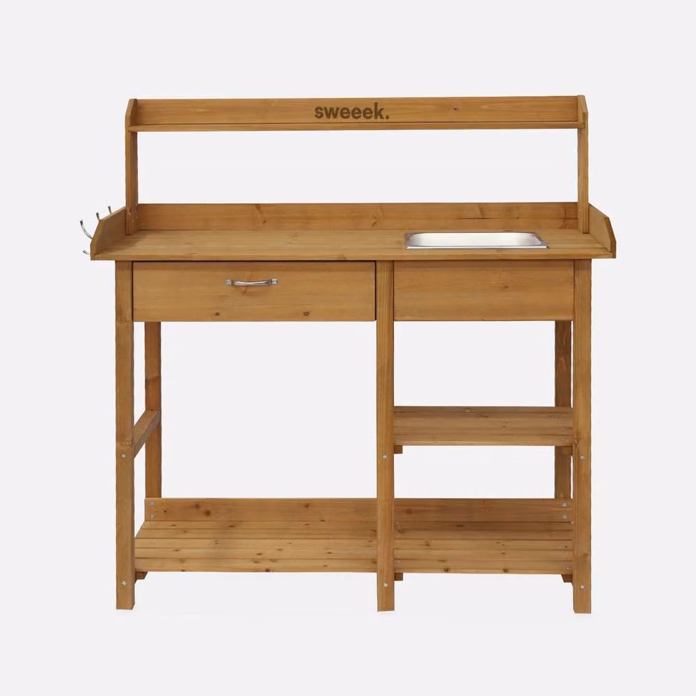 sweeek Wooden Potting Table in Light Brown, W/D/H: 121 x 45 x 117 cm – 2