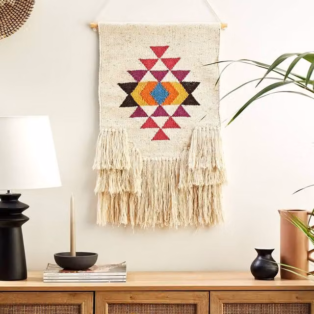 Wyld and Coco Rectangular Boho Geometric Beige and Multicolour Cotton Textile Wall Hanging