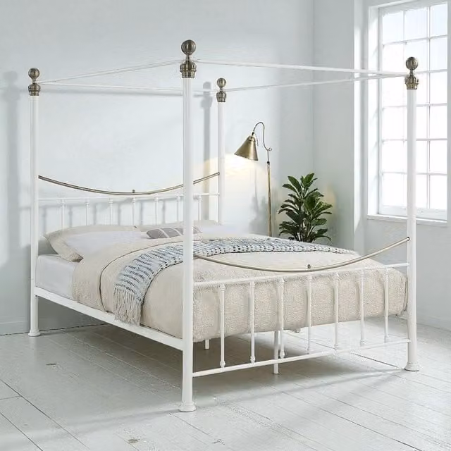 OAT Home Classic Metal Canopy Bed Frame in White, 180 x 200 cm
