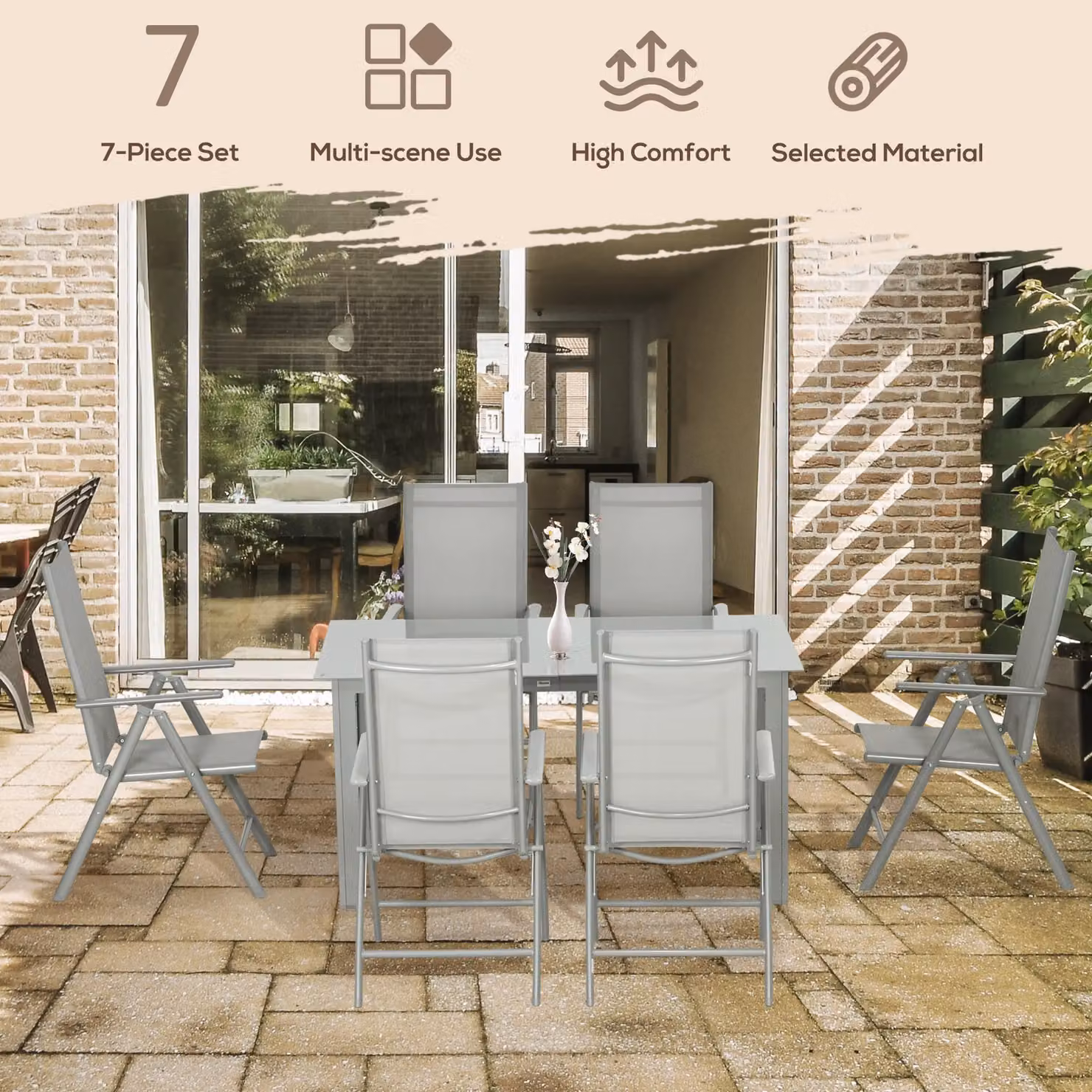 OUTSUNNY 7 Piece Grey Powder Coated Aluminium Garden Dining Set with Rectangular Glass Table and 6 Chairs – 3