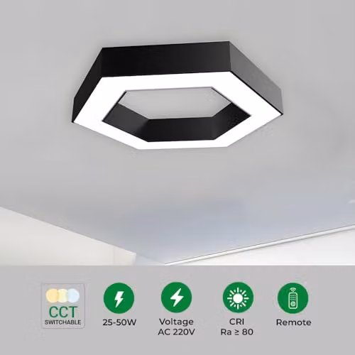 ENER-J HexaGlow Modern Hexagon LED Ceiling Light in Black with Remote Control and CCT Adjustable Colour Temperature – 2
